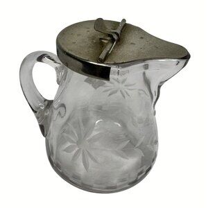 Vintage Glass Syrup Pitcher With Etched Floral Design & Hinged Metal Lid